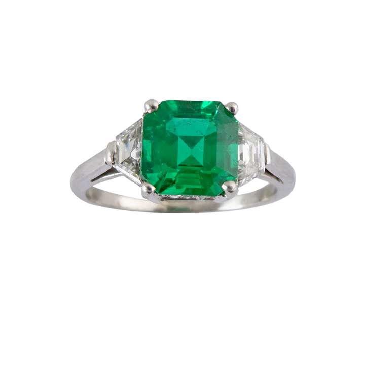 Square emerald and diamond ring, the emerald of cut corner step cut approximately 1.35ct,